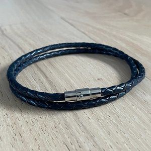 Men's Braided Navy Leather Wrap Bracelet with Infinity Symbol